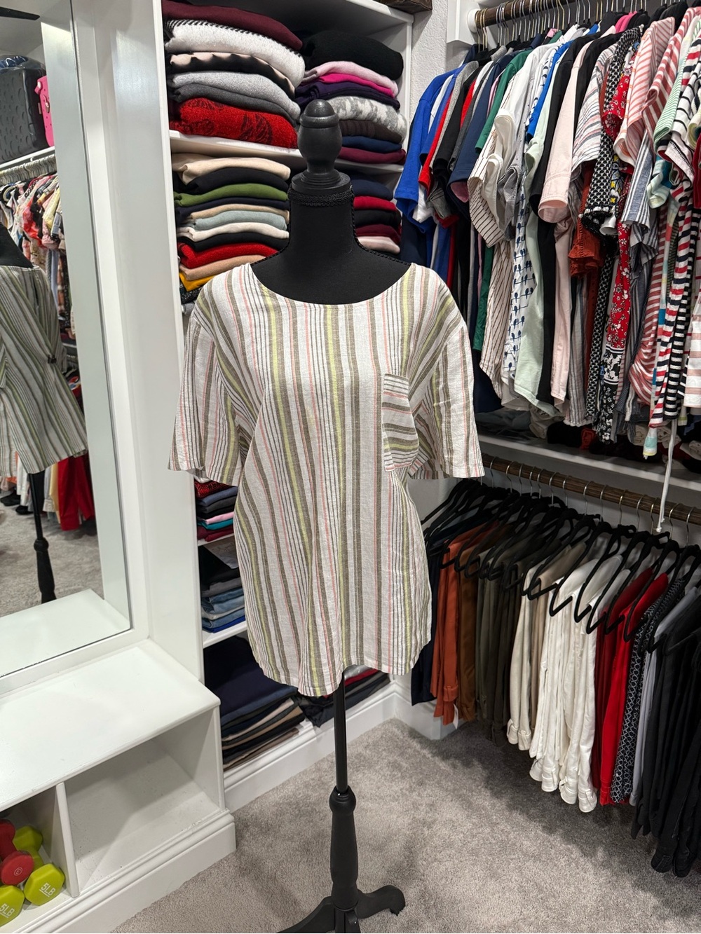 Liz Claiborne Striped Short-Sleeve Top in Neutral, Olive & Coral